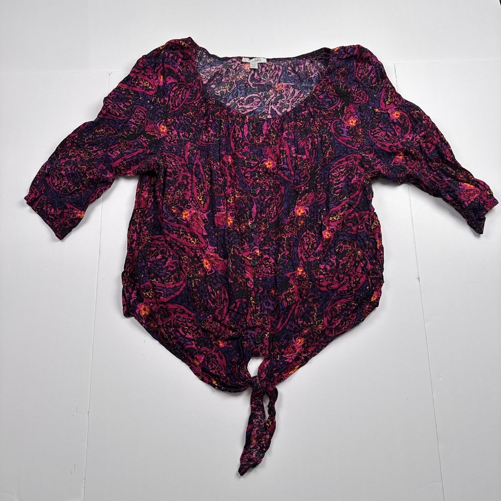 Dressbarn Womens 18/20 Purple Pink Floral Paisley Tie Front Peasant Shirt Blouse